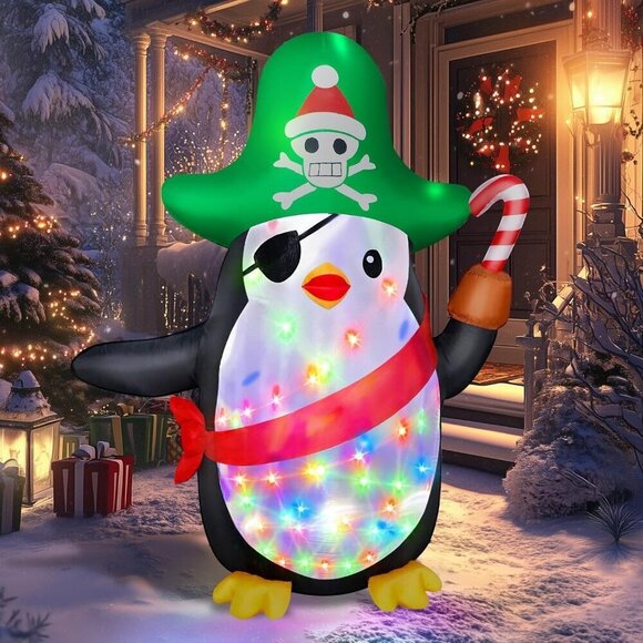⭐6FT Pirate Penguin Large Colored Light Blow Up Yard For Outdoor Christmas Decor - Picture 1 of 6